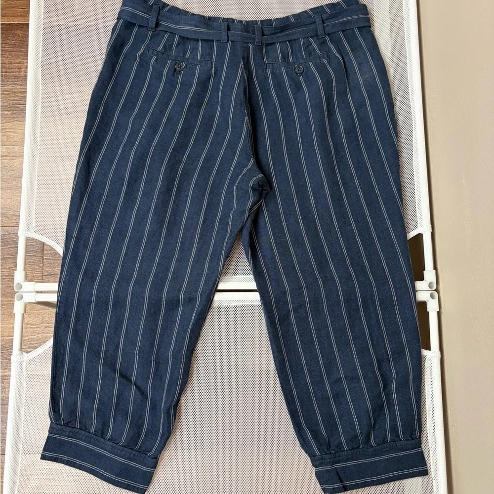 Banana Republic Avery Linen Cotton Striped Pants Navy Blue Tie Waist Crop 12 EUC
